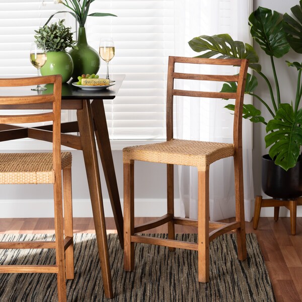 Baxton Studio Arthur MidCentury Modern Walnut Brown Mahogany Wood and Natural Rattan Counter Stool - 212-12811-ZORO
