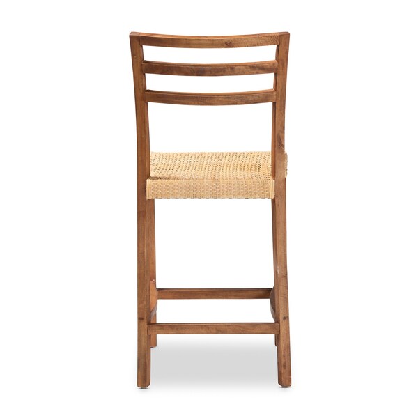 Baxton Studio Arthur MidCentury Modern Walnut Brown Mahogany Wood and Natural Rattan Counter Stool - 212-12811-ZORO
