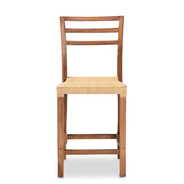 Baxton Studio Arthur MidCentury Modern Walnut Brown Mahogany Wood and Natural Rattan Counter Stool - 212-12811-ZORO