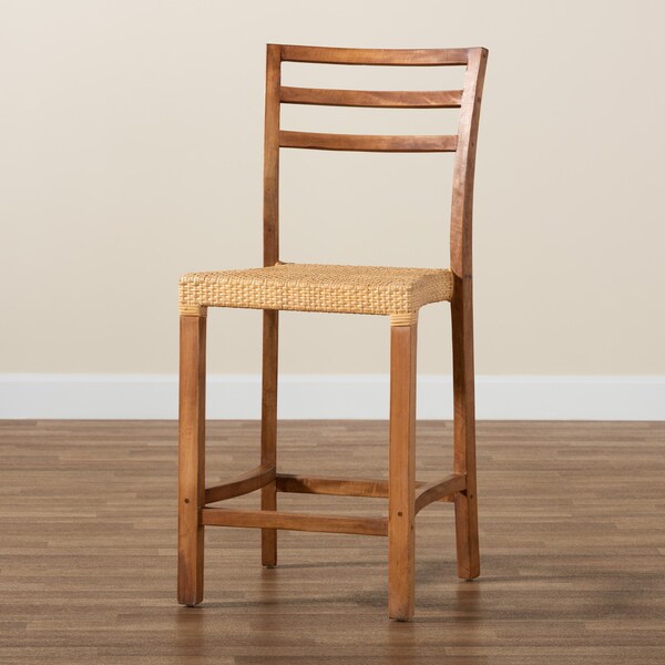 Baxton Studio Arthur MidCentury Modern Walnut Brown Mahogany Wood and Natural Rattan Counter Stool - 212-12811-ZORO