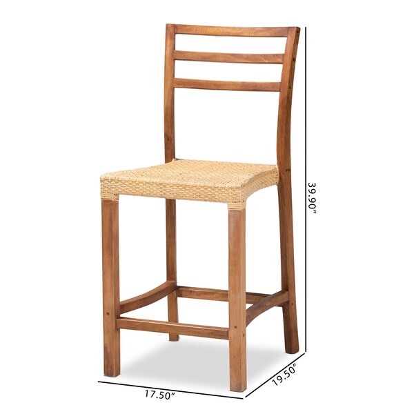 Baxton Studio Arthur MidCentury Modern Walnut Brown Mahogany Wood and Natural Rattan Counter Stool - 212-12811-ZORO