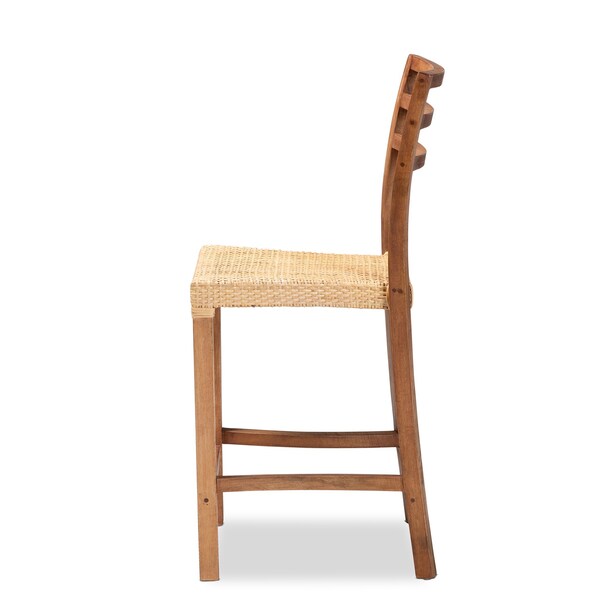 Baxton Studio Arthur MidCentury Modern Walnut Brown Mahogany Wood and Natural Rattan Counter Stool - 212-12811-ZORO