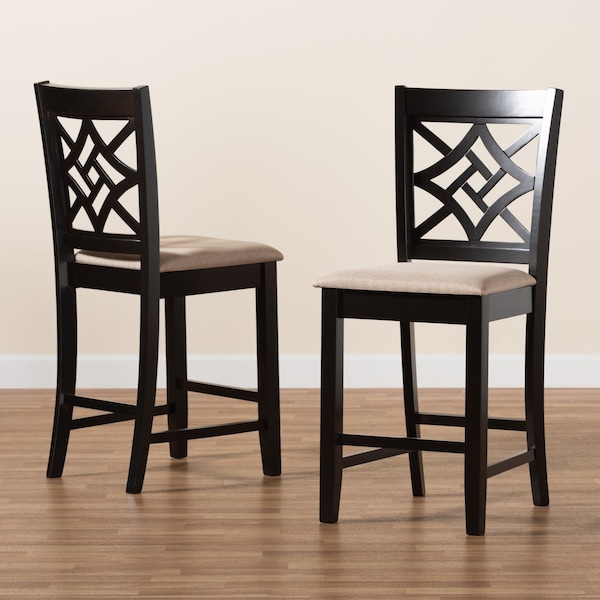 Baxton Studio Nicolette Modern and Contemporary Sand Fabric and Dark Brown Finished Wood 2-Piece Counter Stool Set - 179-11422-ZORO