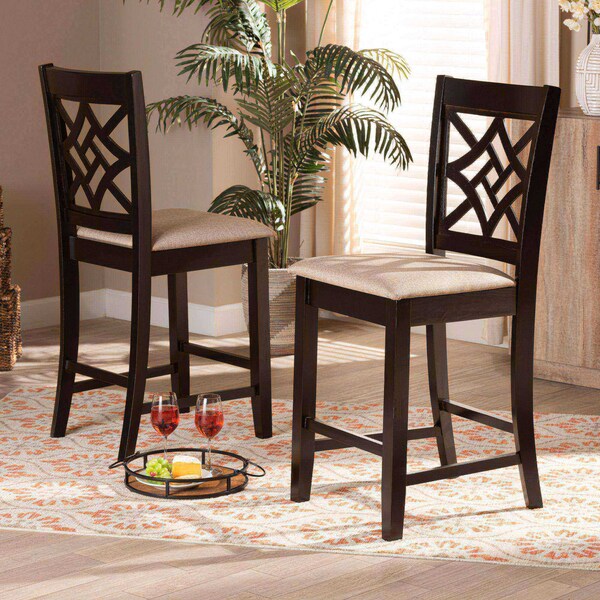 Baxton Studio Nicolette Modern and Contemporary Sand Fabric and Dark Brown Finished Wood 2-Piece Counter Stool Set - 179-11422-ZORO