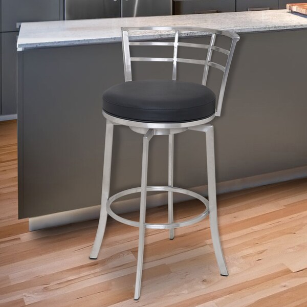 Armen Living Viper 26" Counter Height Swivel Black Faux Leather and Brushed Stainless Steel Bar Stool - LCVI26BABLK
