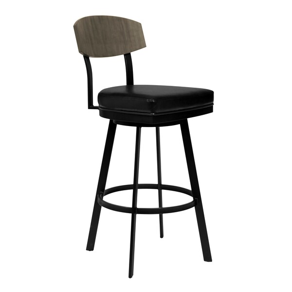 Armen Living Frisco 26" Counter Height Barstool in Matte Black Finish with Black Faux Leather and Gray Walnut - LCFRBAGWVB26