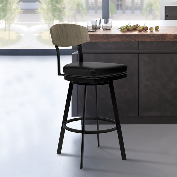 Armen Living Frisco 26" Counter Height Barstool in Matte Black Finish with Black Faux Leather and Gray Walnut - LCFRBAGWVB26