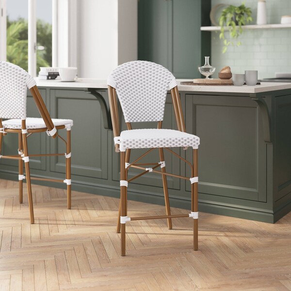 Flash Furniture Lourdes Stackable IndoorOutdoor French Bistro 26 High Counter Height Stool, WhiteGray and Bamboo - SDA-AD642001-F-CS-WHGY-NAT-GG