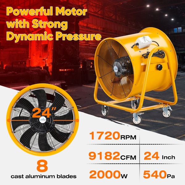 Iliving Yellow 24 in. Utility Blower Exhaust Warehouse Ventilator Floor Fan, 2000-Watt, 1720RPM - ILG8VF24