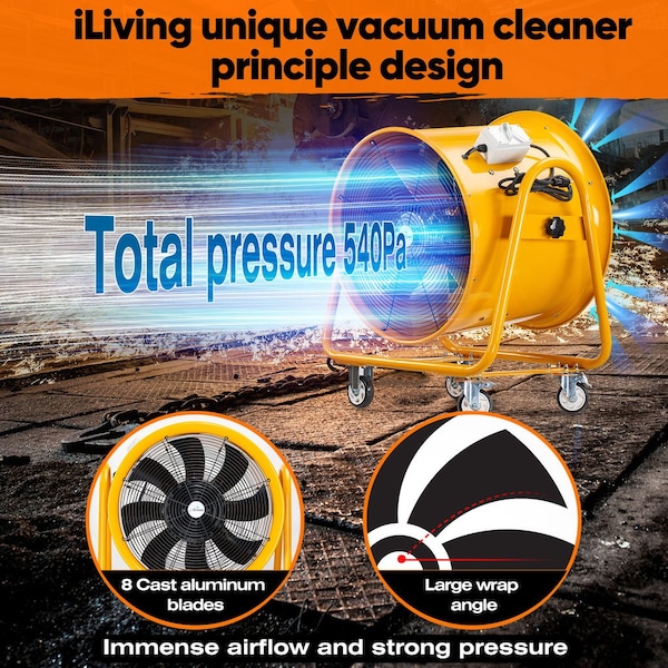 Iliving Yellow 24 in. Utility Blower Exhaust Warehouse Ventilator Floor Fan, 2000-Watt, 1720RPM - ILG8VF24
