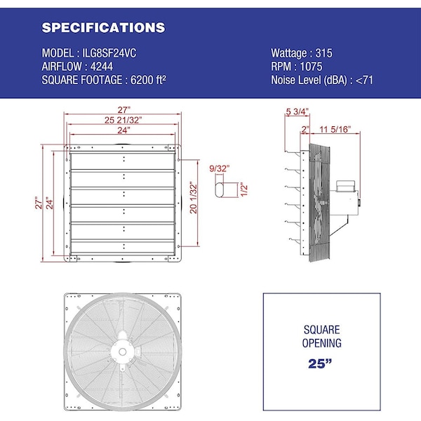 Iliving Silver 24 in. 4244 CFM Smart Remote Shutter Exhaust Fan with Thermostat, Humidistat, Variable Speed - ILG8SF24VC