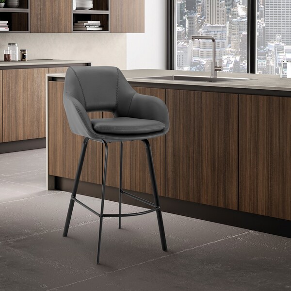 Armen Living Aura Gray Faux Leather and Black Metal Swivel 26" Counter Stool - LCAUBABLGR26