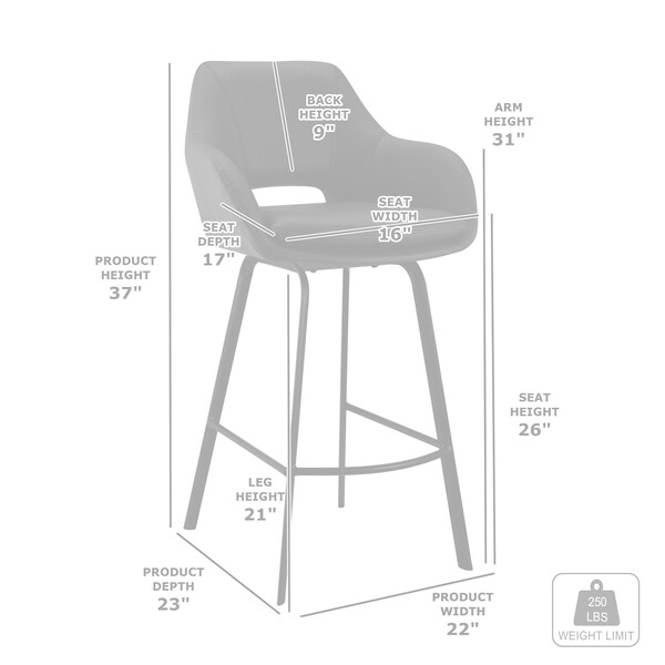 Armen Living Aura Gray Faux Leather and Black Metal Swivel 26" Counter Stool - LCAUBABLGR26