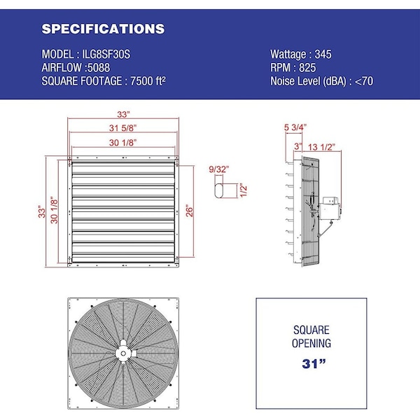 Iliving Silver 30 in. 5088 CFM Electric Powered Single Speed Shutter Exhaust Fan - ILG8SF30S