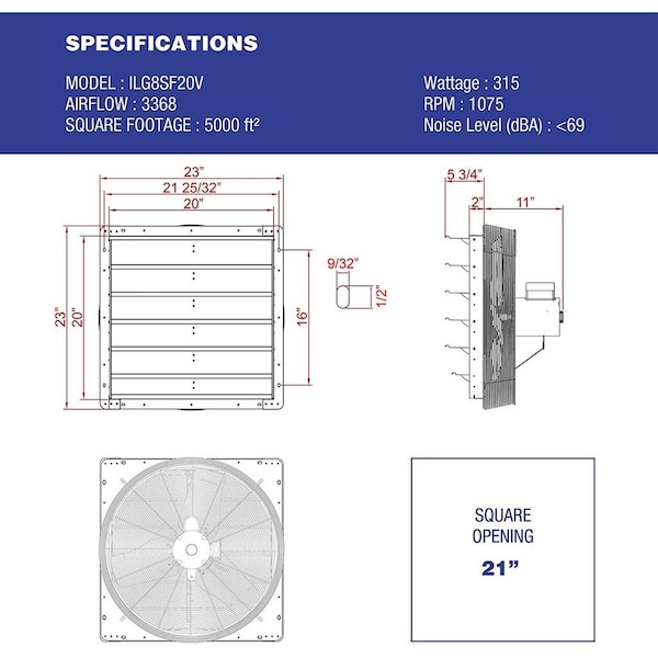 Iliving Silver 3368 CFM 20 in. Wall-Mounted Electric Powered Variable Speed Shutter Exhaust Fan - ILG8SF20V