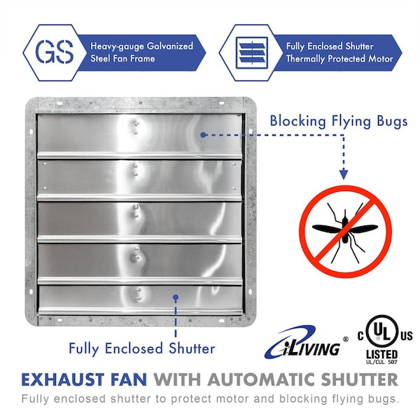 Iliving Silver 3368 CFM 20 in. Wall-Mounted Electric Powered Variable Speed Shutter Exhaust Fan - ILG8SF20V