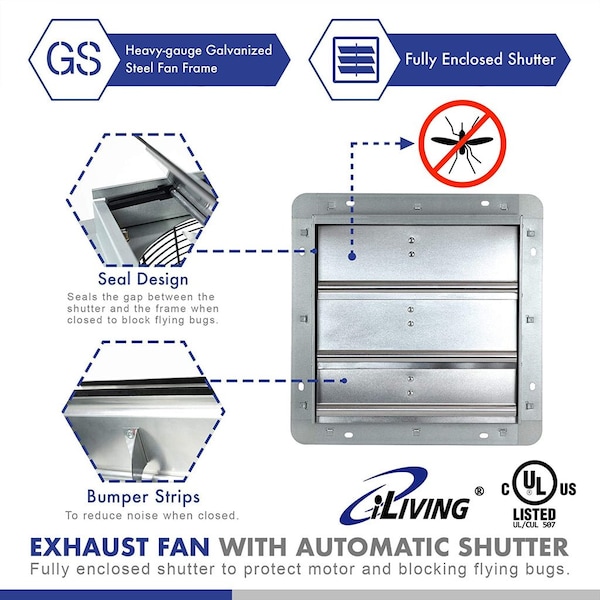 Iliving Silver 10 in. 600 CFM Electric Powered Variable Speed Wall-Mounted Shutter Exhaust Fan - ILG8SF10V