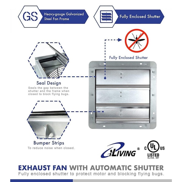 Iliving iLiving 12" Wall Mounted Variable Speed Exhaust Fan, 65 Watts, 960 CFM, 1400 SQF Coverage Area - ILG8SF12V