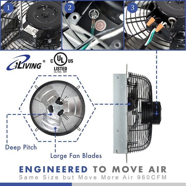 Iliving iLiving 12" Wall Mounted Variable Speed Exhaust Fan, 65 Watts, 960 CFM, 1400 SQF Coverage Area - ILG8SF12V
