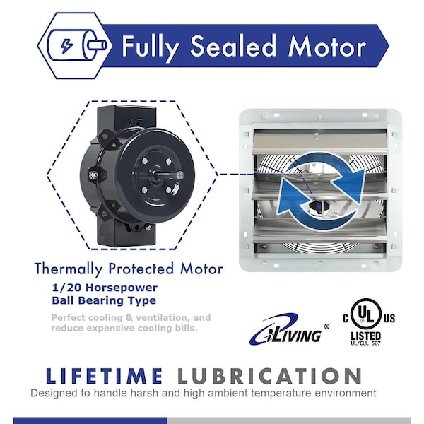 Iliving iLiving 12" Wall Mounted Variable Speed Exhaust Fan, 65 Watts, 960 CFM, 1400 SQF Coverage Area - ILG8SF12V