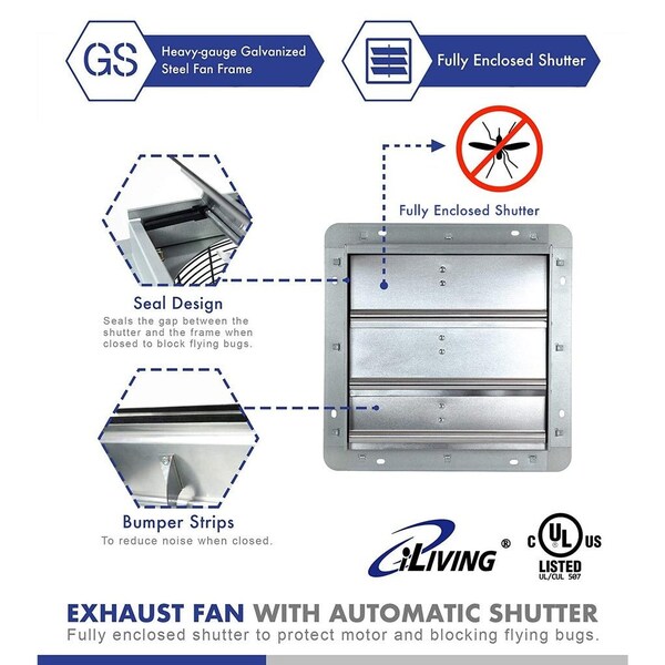 Iliving iLiving 12" Wall Mounted Variable Speed Exhaust Fan, 65 Watts, 960 CFM, 1400 SQF Coverage Area - ILG8SF12V