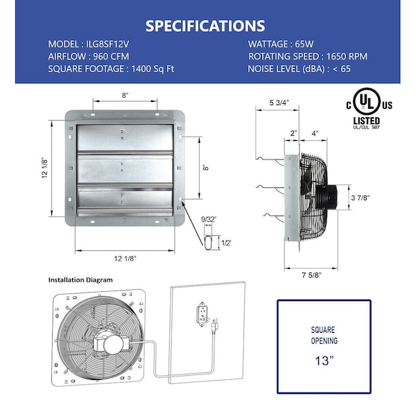 Iliving iLiving 12" Wall Mounted Variable Speed Exhaust Fan, 65 Watts, 960 CFM, 1400 SQF Coverage Area - ILG8SF12V