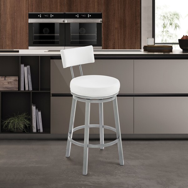 Armen Living Dalza Swivel Bar Stool in Cloud Finish with White Faux Leather - 840254333574