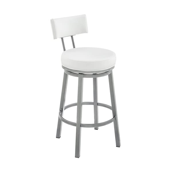 Armen Living Dalza Swivel Bar Stool in Cloud Finish with White Faux Leather - 840254333574