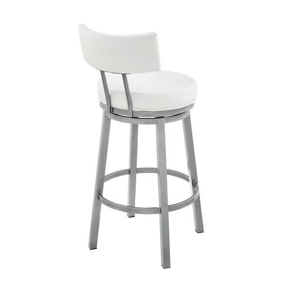 Armen Living Dalza Swivel Bar Stool in Cloud Finish with White Faux Leather - 840254333574