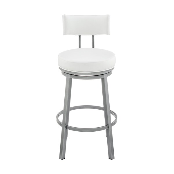 Armen Living Dalza Swivel Bar Stool in Cloud Finish with White Faux Leather - 840254333574