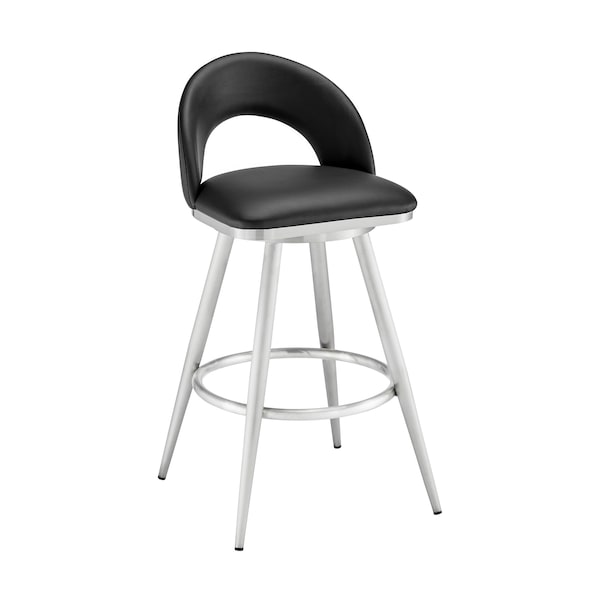 Armen Living Lottech Swivel Counter Stool in Brushed Stainless Steel and Black Faux Leather - 840254335356