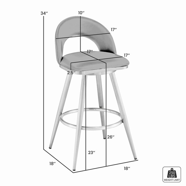 Armen Living Lottech Swivel Counter Stool in Brushed Stainless Steel and Black Faux Leather - 840254335356