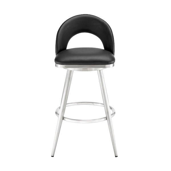 Armen Living Lottech Swivel Counter Stool in Brushed Stainless Steel and Black Faux Leather - 840254335356