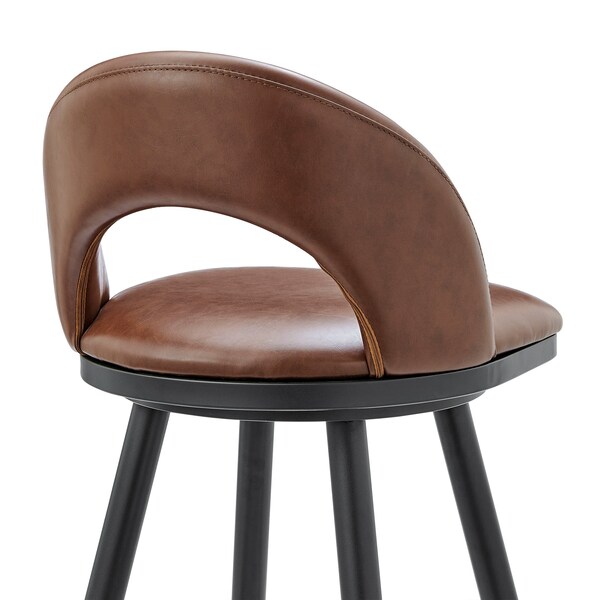 Armen Living Lottech Swivel Counter Stool in Black Metal and Brown Faux Leather - 840254335349