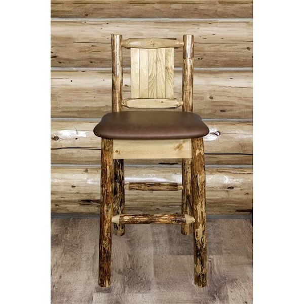 Montana Woodworks Montana Woodworks MWGCBSWNR24SADDLZBEAR Glacier Country Counter Height Barstool with Back - Saddle Upholstery with Laser Engraved Bear Design - MWGCBSWNR24SADDLZBEAR