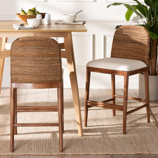 Bali & Pari Nadim Modern Bohemian Natural Seagrass and Acacia Wood 2-Piece Counter Stool Set, PR - 242-2PC-13488-ZORO