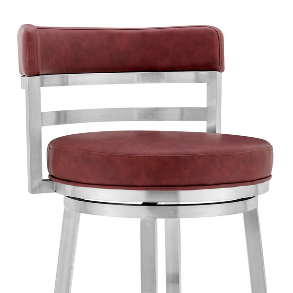 Armen Living Madrid 26" Counter Height Swivel Red Faux Leather and Brushed Stainless Steel Bar Stool - LCMABABSRED26