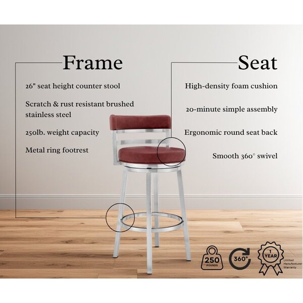 Armen Living Madrid 26" Counter Height Swivel Red Faux Leather and Brushed Stainless Steel Bar Stool - LCMABABSRED26