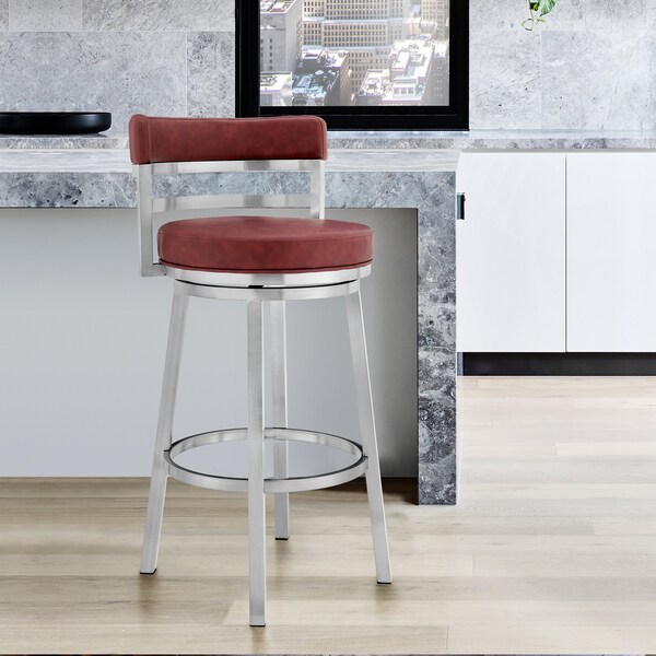 Armen Living Madrid 26" Counter Height Swivel Red Faux Leather and Brushed Stainless Steel Bar Stool - LCMABABSRED26