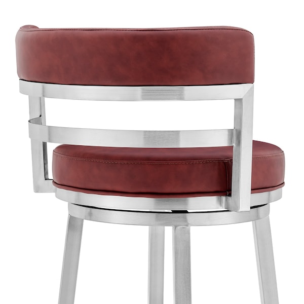 Armen Living Madrid 26" Counter Height Swivel Red Faux Leather and Brushed Stainless Steel Bar Stool - LCMABABSRED26
