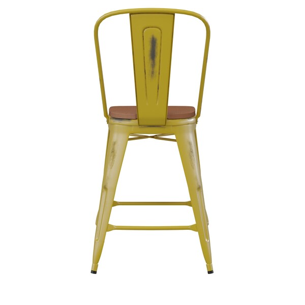 Flash Furniture Yellow Metal Stool with Teak Poly Seat - ET-3534-24-YL-PL1T-GG