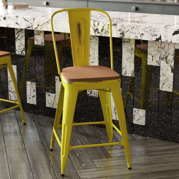 Flash Furniture Yellow Metal Stool with Teak Poly Seat - ET-3534-24-YL-PL1T-GG