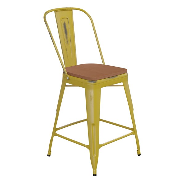 Flash Furniture Yellow Metal Stool with Teak Poly Seat - ET-3534-24-YL-PL1T-GG