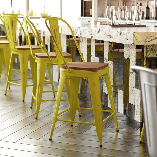 Flash Furniture Yellow Metal Stool with Teak Poly Seat - ET-3534-24-YL-PL1T-GG