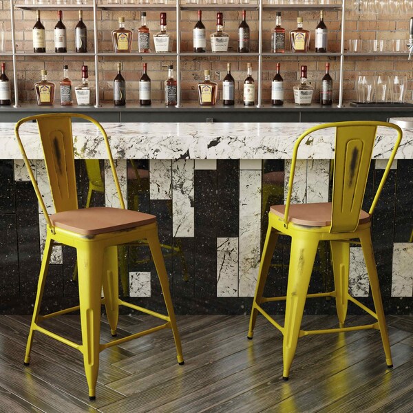 Flash Furniture Yellow Metal Stool with Teak Poly Seat - ET-3534-24-YL-PL1T-GG