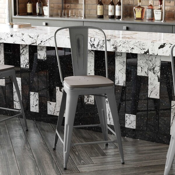 Flash Furniture Clear Coat Metal Counter Stool & Gray Poly Seat - XU-DG-TP001B-24-PL1G-GG