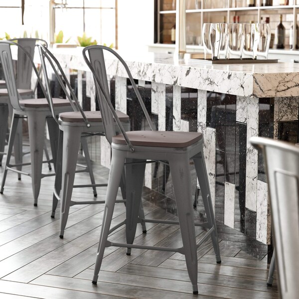 Flash Furniture Clear Coat Metal Counter Stool & Gray Poly Seat - XU-DG-TP001B-24-PL1G-GG