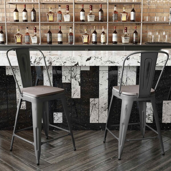 Flash Furniture Clear Coat Metal Counter Stool & Gray Poly Seat - XU-DG-TP001B-24-PL1G-GG