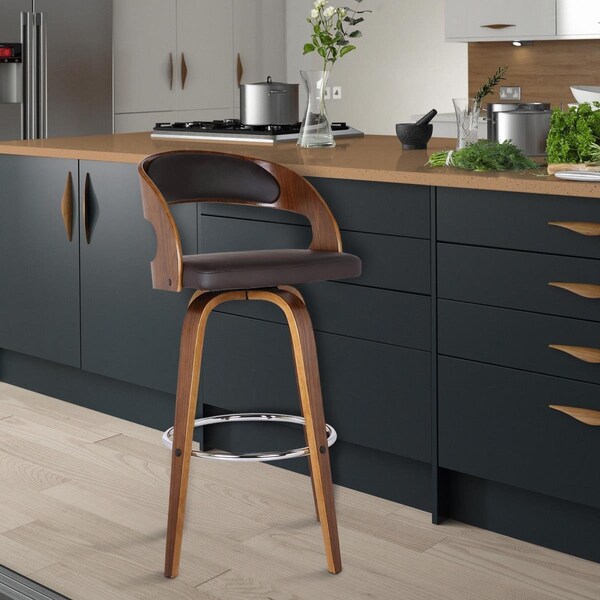 Seatsolutions Shelly 26 in. Counter Height Barstool in Walnut Wood with Brown Faux Leather - SE171146