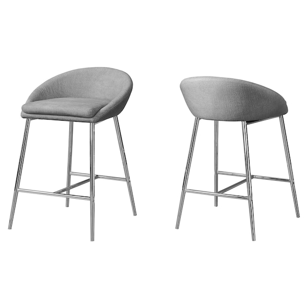 Monarch Specialties Bar Stool, Set Of 2, Counter Height, Kitchen, Metal, Fabric, Grey, Chrome, Contemporary, Modern - I 2298